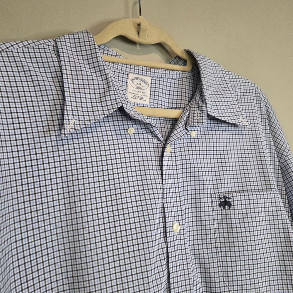Brooks Brothers Regent Fit Button Down Shirt Mens XXL Blue Check‎ Stretch
